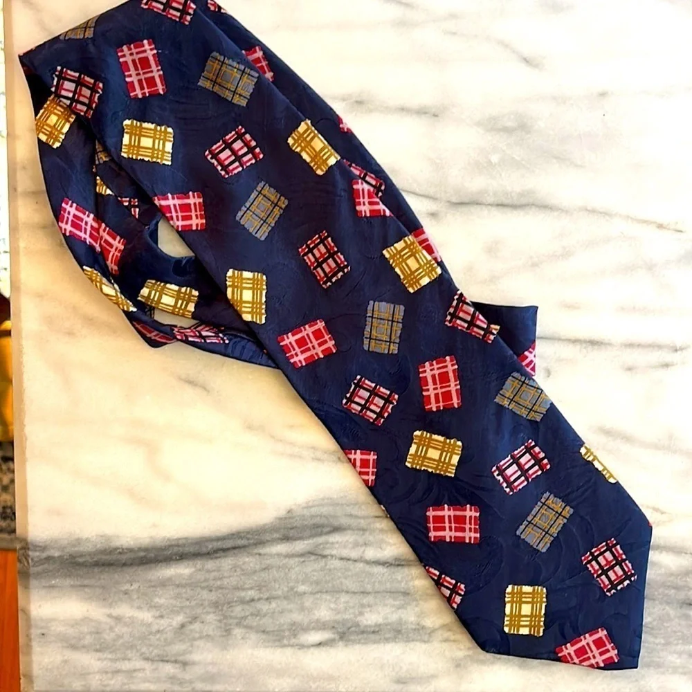 VINTAGE BUGATTI Tie 100% Italian Silk Navy with Geometric Print